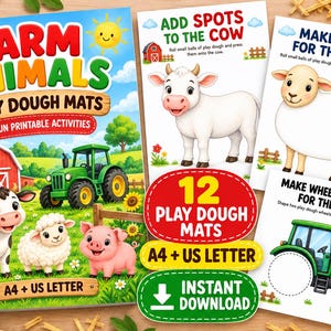 May include: A set of Farm Animals play dough mats featuring 12 printable activities in A4 and US Letter sizes. The cover shows a red barn, green tractor, cow, sheep, and pig. Included sheets show a cow, sheep, and tractor with play dough prompts.