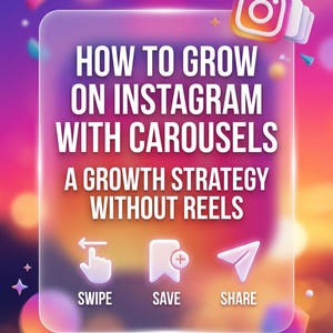 May include: A frosted glass rectangle displays the white text: HOW TO GROW ON INSTAGRAM WITH CAROUSELS A GROWTH STRATEGY WITHOUT REELS. Below the text are three white icons representing swipe, save, and share, with corresponding labels underneath.