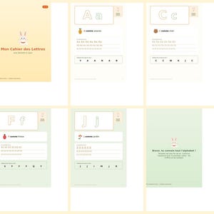 May include: A multi-page educational workbook titled Mon Cahier des Lettres featuring a rabbit character. Each page focuses on a specific letter of the alphabet with tracing exercises, letter identification tasks, and illustrations for A, C, F, and J.