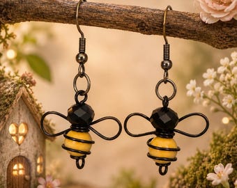 A Sweet Little Touch of Nature, wire wrapped bumble bee earrings