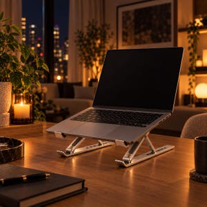 May include: A silver metal laptop stand with adjustable folding legs and black silicone grip pads, supporting a closed-lid laptop on a wooden desk. The stand features a multi-angle design with visible slots for height adjustment and a sturdy frame.
