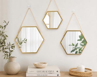 Espelho de parede hexagonal dourado, espelho de penteadeira para pendurar, espelho geométrico moderno, espelho para banheiro, decoração de hall de entrada, espelho de parede para quarto (presente)