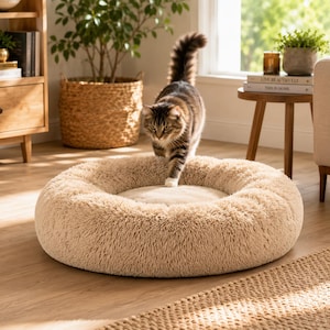 Rustgevend donutvormig dierenbed, zacht rond dierenbed voor honden en katten, wasbaar pluche dierenkussen, anti-angst kattenbed, knus puppybed