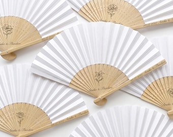 Personalized Wedding Paper Fans for Guests, Custom Birth Flower Bamboo Folding Fans | Name and Date Wedding Favors in Bulk