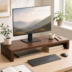 Peut inclure: Un support d'écran en bois brun foncé avec un plateau rectangulaire et deux supports latéraux. Le support accueille un écran d'ordinateur affichant un paysage de montagne, avec un ordinateur portable rangé dessous, un clavier et des carnets.