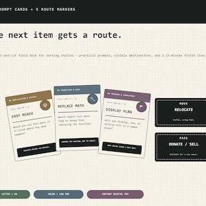 May include: A set of 24 prompt cards and 5 route markers featuring text including The next item gets a route, Easy Reach, Replace Math, Display Plan, Move Relocate, and Pass Donate / Sell. The cards are tan, blue, purple, and black with white text.