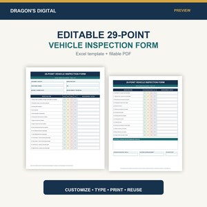 May include: An editable 29-point vehicle inspection form template in Excel and fillable PDF formats. The document features a dark blue header, organized rows for inspection items, and columns for pass, fail, N/A, and measurement notes.
