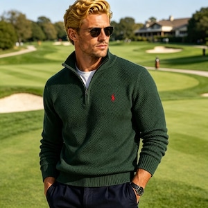 Può includere: Un maglione verde scuro con mezza zip, caratterizzato da un motivo a maglia testurizzato e un piccolo logo rosso ricamato sul petto sinistro. Il maglione presenta un collo alto con zip argentata, maniche lunghe e bordi a coste.