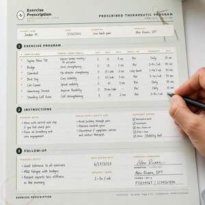 May include: A printed exercise prescription form on white paper with black text and light green accents. The document includes sections for patient details, a seven-exercise program table, safety instructions, equipment checklists, and follow-up notes.
