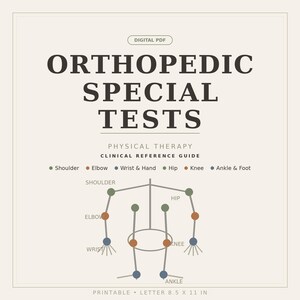 以下が含まれることがあります： Orthopedic Special Tests Physical Therapyと題されたデジタルPDF臨床リファレンスガイド。肩、肘、手首、手、股関節、膝、足首、足などの関節を示す色分けされたドットが付いた人間の骨格構造の図が含まれています。用紙サイズは8.5 x 11インチです。