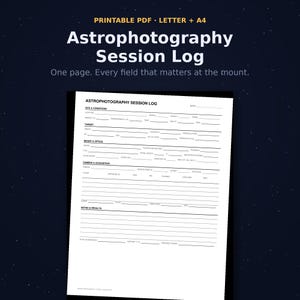 May include: A printable PDF Astrophotography Session Log document in Letter and A4 sizes. The white form features black text with sections for site conditions, target details, mount and optics, camera and acquisition, and notes and results.