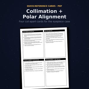Op de afbeelding: Een set van vier snelle referentiekaarten voor telescooponderhoud, met gedrukte instructies voor Newtoniaanse collimatie, SCT-collimatie, polaire uitlijning via plate-solving en de driftmethode op een wit rechthoekig vel.