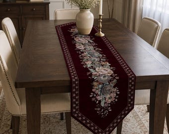 Hexagonal chenille table runner with a classic floral pattern (35 x 140)