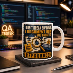 May include: A white ceramic mug featuring a graphic design with the text I DON'T BREAK SOFTWARE. I DOCUMENT HOW YOU BROKE IT. STEP 1: IT BROKE. REPRODUCED. The illustration includes a clipboard, a magnifying glass over a beetle, and documents.