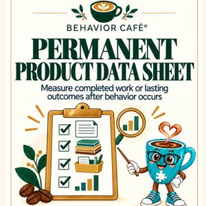May include: A poster titled BEHAVIOR CAFÉ PERMANENT PRODUCT DATA SHEET with a coffee cup illustration, a clipboard checklist, and a cartoon blue coffee mug character wearing glasses and trainers, holding a pointer stick.
