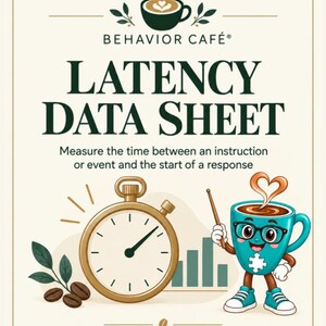 May include: A cream-colored informational poster titled BEHAVIOR CAFÉ LATENCY DATA SHEET. It features a gold stopwatch, a bar graph, coffee beans, and a cartoon teal coffee mug character with glasses holding a pointer, all in a dark green font.