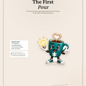 May include: A Behavior Café practitioner toolkit titled The First Pour, featuring a teal cartoon coffee mug character holding a lightbulb. The text includes session guide details for RBTs and paraprofessionals, plus a 30-session progress chart.