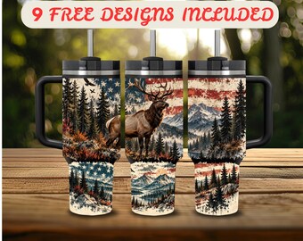 40 oz Tumbler Wrap PNG, Elk American Flag 40 oz Tumbler Design, Distressed Wrap 40 oz Sublimation, Patriotic Wildlife Mountain 40 oz Wrap