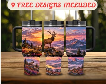 40 oz Tumbler Wrap PNG, Elk Wildlife 40 oz Tumbler Design, Distressed Wrap 40 oz Sublimation, Majestic Mountain Sunrise 40 oz Wrap