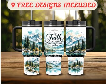 40 oz Tumbler Wrap PNG, Faith Move Mountains 40 oz Tumbler Design, Distressed Wrap 40 oz Sublimation, Christian Mountain Lake Wrap Digital