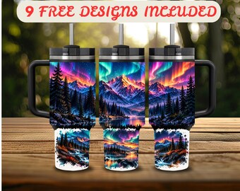 40 oz Tumbler Wrap PNG, Northern Lights 40 oz Tumbler Design, Distressed Wrap 40 oz Sublimation, Aurora Borealis Mountain 40 oz Wrap