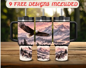 40 oz Tumbler Wrap PNG, Bald Eagle 40 oz Tumbler Design, Distressed Wrap 40 oz Sublimation, Patriotic Mountain Landscape 40 oz Wrap