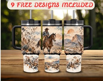 40 oz Tumbler Wrap PNG, Western Cowboy 40 oz Tumbler Design, Distressed Wrap 40 oz Sublimation, Watercolor Horse Landscape 40 oz Wrap