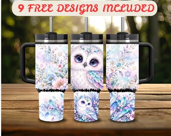 40 oz Tumbler Wrap PNG, Pastel Owl 40 oz Tumbler Design, Distressed Wrap 40 oz Sublimation, Cute Floral Magical Owl 40 oz Wrap Digital