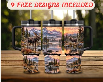 40 oz Tumbler Wrap PNG, Moose Wildlife 40 oz Tumbler Design, Distressed Wrap 40 oz Sublimation, Majestic Mountain Sunrise 40 oz Wrap