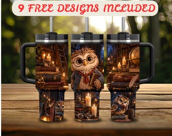 40 oz Tumbler Wrap PNG, Bookworm Owl 40 oz Tumbler Design, Distressed Wrap 40 oz Sublimation, Dark Academia Library 40 oz Wrap