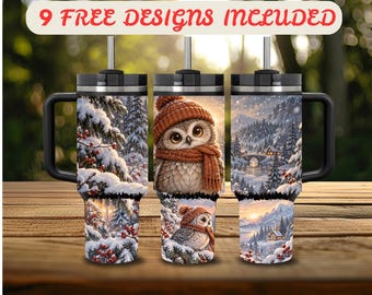 40 oz Tumbler Wrap PNG, Winter Owl 40 oz Tumbler Design, Distressed Wrap 40 oz Sublimation, Cozy Snowy Landscape 40 oz Wrap Digital