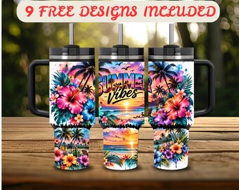 40 oz Tumbler Wrap PNG, Summer Vibes 40 oz Tumbler Design, Distressed Wrap 40 oz Sublimation, Tropical Beach Hibiscus 40 oz Wrap