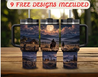 40 oz Tumbler Wrap PNG, Western Cowboy 40 oz Tumbler Design, Distressed Wrap 40 oz Sublimation, Moonlit Mountain Landscape 40 oz Wrap