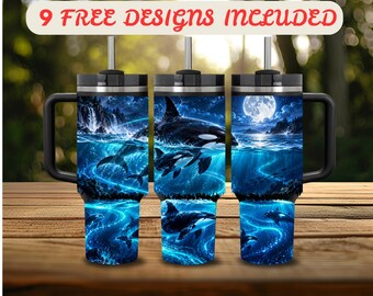 40 oz Tumbler Wrap PNG, Orca Whale 40 oz Tumbler Design, Distressed Wrap 40 oz Sublimation, Killer Whale Ocean Night 40 oz Wrap