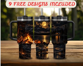 40 oz Tumbler Wrap PNG, Campfire 40 oz Tumbler Design, Distressed Wrap 40 oz Sublimation, Cozy Cabin Night Lake 40 oz Wrap Digital