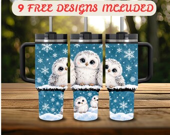 40 oz Tumbler Wrap PNG, Cute Winter Owl 40 oz Tumbler Design, Distressed Wrap 40 oz Sublimation, Snowy Owl Snowflake 40 oz Wrap Digital