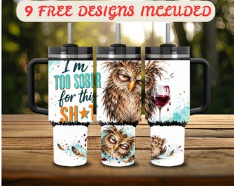 40 oz Tumbler Wrap PNG, Grumpy Wine Owl 40 oz Tumbler Design, Distressed Wrap 40 oz Sublimation, Funny Sarcastic Owl 40 oz Wrap Digital