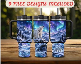 40 oz Tumbler Wrap PNG, Polar Bear 40 oz Tumbler Design, Distressed Wrap 40 oz Sublimation, Northern Lights Aurora 40 oz Wrap Digital