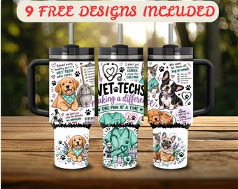 May include: A white stainless steel tumbler with a handle and straw, featuring illustrations of dogs, cats, and rabbits, along with veterinary medical equipment and text including "VET TECHS making a difference ONE PAW AT A TIME."