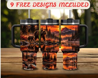 40 oz Tumbler Wrap PNG, Bear Wildlife 40 oz Tumbler Design, Distressed Wrap 40 oz Sublimation, Wilderness Sunset Mountain 40 oz Wrap