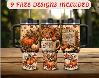 May include: Three stainless steel tumblers with black lids, handles, and straws. The design features a Highland cow, pumpkins, autumn leaves, and leopard print. Text reads: 9 FREE DESIGNS INCLUDED, PUMPKIN SPICE, and COZY DAYS warm hugs PUMPKIN SPICE & highland kisses.