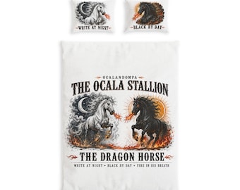 Set di biancheria da letto in cotone con stampa Ocala Stallion Dragon Horse / Piumino bianco notte e nero giorno