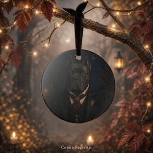 May include: A round ceramic ornament featuring a portrait of a black dog wearing a dark suit, waistcoat, and red cravat. The ornament hangs from a black ribbon and displays the text CosmicPagesArt at the bottom. The design is set against a dark background.