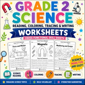 Può includere: Copertina di un quaderno di scienze per la seconda elementare con testo colorato e illustrazioni di un magnete, un microscopio e un becher. Include tre schede di esempio su forza, movimento, magneti, agenti atmosferici ed erosione.