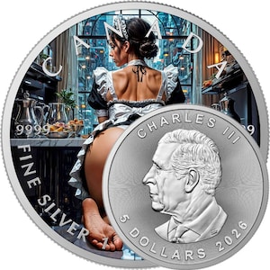 Puede incluir: Una moneda de plata circular que presenta un retrato del rey Carlos III, el texto 'CHARLES III 5 DOLLARS 2026' y una imagen de fondo de una persona con un traje de sirvienta con el texto 'CANADA 9999 FINE SILVER 1'. La moneda tiene un borde dentado.