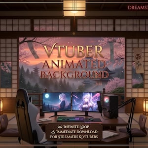 Puede incluir: Un fondo animado digital para streamers que muestra una habitación de estilo japonés con pantallas shoji, un escritorio con dos monitores, una silla gaming y una vista de un paisaje montañoso con flores de cerezo. Texto: VTUBER ANIMATED BACKGROUND.