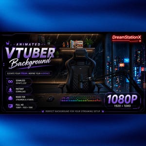 Puede incluir: Un fondo digital animado para streaming con una silla de juego negra, un teclado con iluminación arcoíris y un micrófono. El texto dice DreamStationX, Animated VTUBER Background, 1080P 1920 x 1080, y enumera características como bucle infinito sin interrupciones.