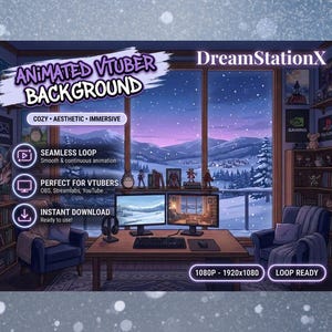 Puede incluir: Un fondo animado de VTuber de DreamStationX con una habitación, dos sillones, un escritorio con dos monitores, teclado y ratón. La ventana grande muestra un paisaje montañoso nevado al atardecer. El texto incluye Animated VTuber Background, Seamless Loop, Perfect for VTubers, Instant Download, 1080P - 1920x1080 y Loop Ready.