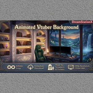 Könnte beinhalten: Ein animierter digitaler Hintergrund für Streamer mit einem Bibliotheksinterieur, Bücherregalen, einem grünen Gaming-Stuhl und einem Schreibtisch mit zwei Monitoren vor einer Landschaft mit Wasserfall. Text: DreamStationX, Animated Vtuber Background, Infinite Loop, Immediate Download, Made for Streamers & Vtubers, 1080p Resolution (1920x1080).