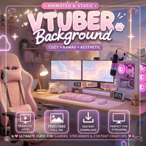 Op de afbeelding: Een digitale gaming-setup achtergrond met een roze ergonomische stoel, twee monitoren met golvend pastel behang, een roze mechanisch toetsenbord, muis, microfoon en een computerkast met roze verlichte ventilatoren. Tekst: VTUBER Background.